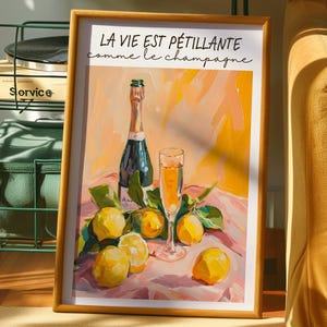 Champagne Poster, Colorful Bar Art, La Vie Est Petillante, Quote Print, Champagne Wall Art, Funky Wall Art, Retro Champagne Decor, Oil Paint