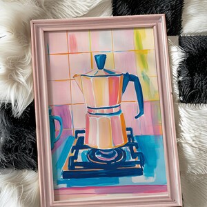 Moka Pot Wall Art, Coffee Lover Print, Pink Kitchen Poster, Stovetop Espresso Decor, Dopamine Decor, Barista Art, Eclectic Kitchen Art