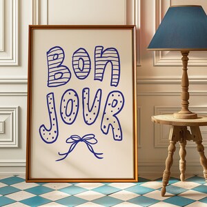 "Bon Jour", Impresión con cita de moda, Impresión tipográfica, Impresión de los años 70, Arte ecléctico, Póster estético, Decoración de dopamina, Póster de moda, Póster retro