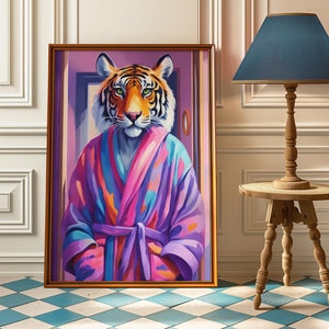 Tiger Poster, Maximalist Bathroom Wall Art, Dopamine Decor, Pink Kitsch Aesthetic, Tiger In a Bath Print, Preppy Wall Art, Trendy Decor