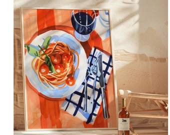May include: A painting of a plate of spaghetti with tomato sauce and basil, a glass of red wine, a checkered napkin, and a fork and knife. The painting is set against a red and orange background.