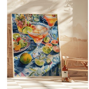 Póster de cóctel naranja, arte de pared imprimible de tendencia, decoración de pared de cocina, carrito de bar, spritz de naranja azul, bebidas de cóctel