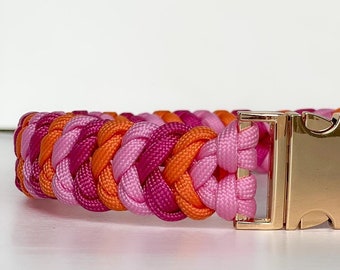 DiscoJive - Braided dog collar handmade from paracord with quick release buckle in pink and orange tones, waterproof, vegan, customizable