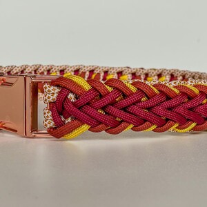 DiscoKnot - Braided dog collar handmade from paracord with quick release buckle in red yellow tones, waterproof, vegan, customizable