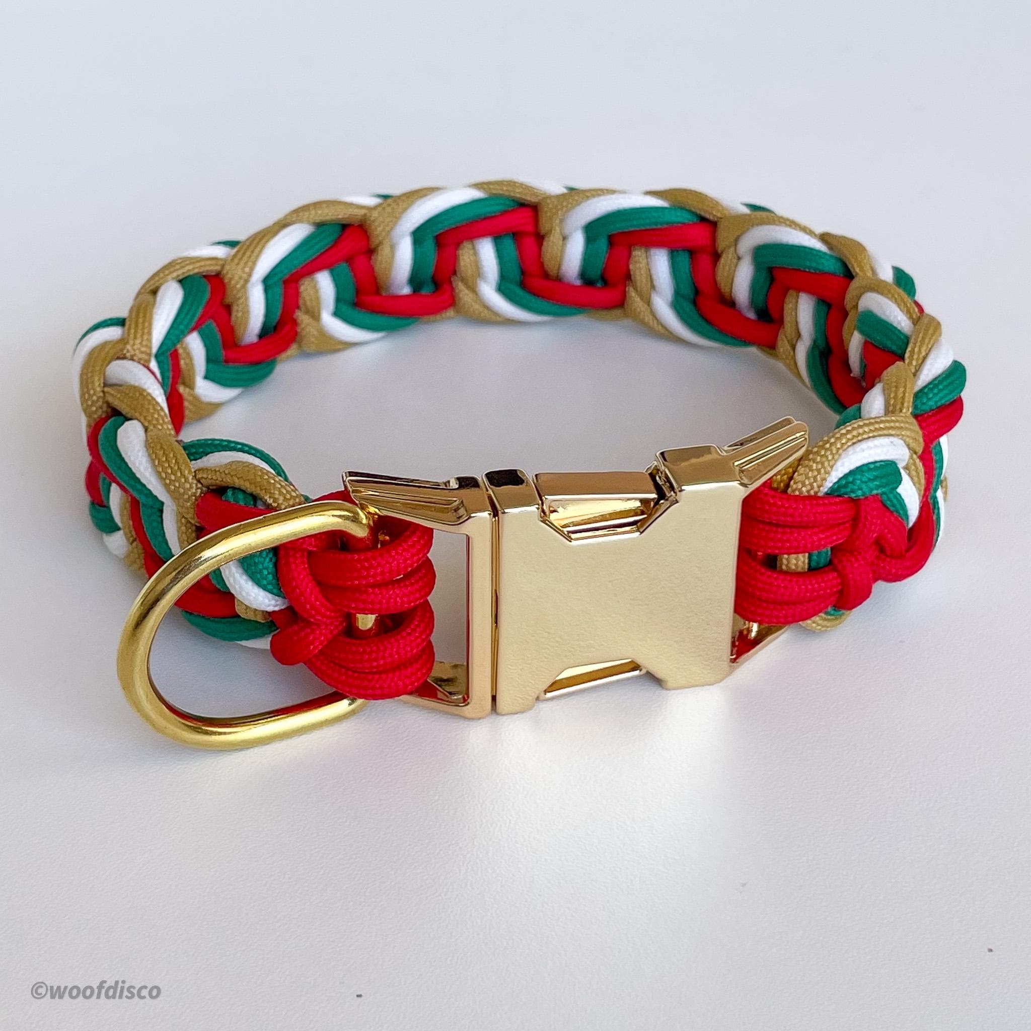 Braided dog collar handmade from paracord with quick release buckle in christmas tones, waterproof, vegan, customizable