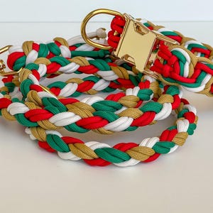 Dog Collar and Leash Set handmade from paracord, hands-free, 6 way adjustable, waterproof, vegan, customizable in christmas tones