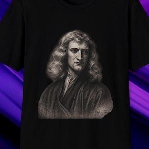 May include: Black t-shirt featuring a grayscale portrait of Isaac Newton. The portrait shows Newton with long, wavy hair and a serious expression. The shirt is made of a soft material and has a crew neck.