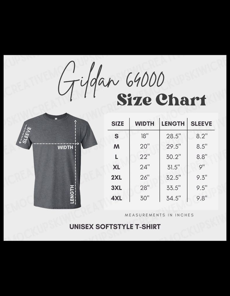 May include: A dark grey Unisex Softstyle T-shirt size chart. The chart shows measurements in inches for sizes S to 4XL. Widths range from 45.7cm to 76.2cm, lengths from 72.4cm to 87.6cm, and sleeve lengths from 20.8cm to 24.9cm.