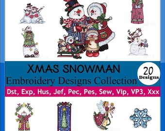 Könnte beinhalten: Eine Sammlung von 20 Weihnachts-Schneemann-Stickmustern. Die Designs beinhalten eine Schneemannfamilie, einen Schneemann mit einem Weihnachtsbaum, einen Schneemann mit einem Kranz, eine Schneeflocke und einen Weihnachtsengel. Die Designs sind in verschiedenen Formaten erhältlich, darunter DST, EXP, HUS, JEF, PEC, PES, SEW, VIP, VP3 und XXX.