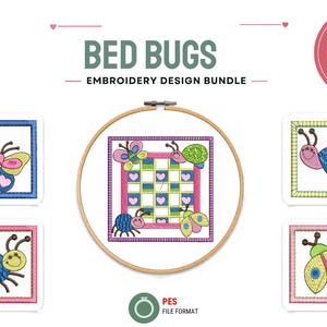 May include: A digital embroidery design bundle titled BED BUGS EMBROIDERY DESIGN BUNDLE featuring 06 designs. The image displays a wooden embroidery hoop containing a quilt pattern with insects, surrounded by four individual square insect motifs.