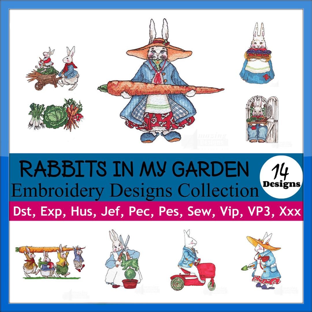 Rabbits in My Garden Embroidery Designs - Instant Download for 4x4 and ...