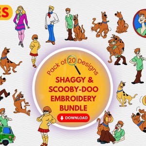 Puede incluir: Un conjunto de diseños de bordado de Shaggy y Scooby-Doo. La imagen presenta varios personajes de dibujos animados, incluyendo a Shaggy, Scooby-Doo y Daphne, en diferentes poses. Los diseños son parte de un paquete con 20 diseños disponibles para descargar.