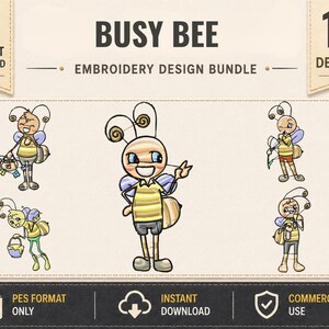 May include: A digital embroidery design bundle titled BUSY BEE featuring 10 designs. The graphic displays five cartoon bee characters with yellow and black striped bodies, purple wings, and antennae, shown in various poses including holding baskets.