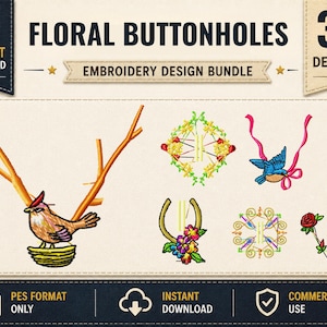Knapphålsbroderidesign i PES-format, maskinbroderi, slitsmönsterpaket, blommigt knapphål, digital nedladdning, dekorativ fågelkantfil