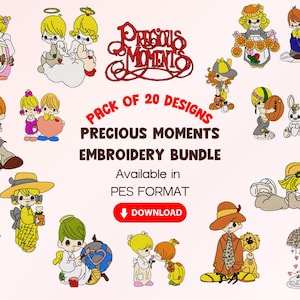May include: A collection of Precious Moments embroidery designs. The image features various figures with angelic features, in different poses and settings. Text includes "Pack of 20 Designs" and "Embroidery Bundle."