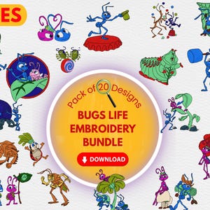 Op de afbeelding: Een verzameling van 20 Bugs Life borduurontwerpen. De ontwerpen tonen verschillende cartoon insecten in levendige kleuren, waaronder mieren, rupsen en kevers. De ontwerpen zijn gerangschikt rond een centrale gele cirkel met de tekst "BUGS LIFE EMBROIDERY BUNDLE".