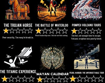 Hilarious Historical 1-Star Reviews T-Shirt – Funny Gifts for History Lovers, Ancient Fails & Epic Events