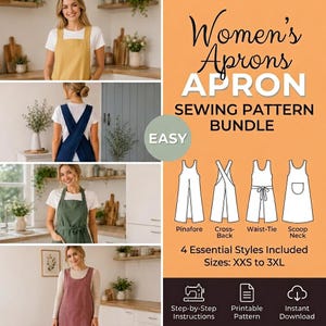 May include: A sewing pattern bundle for aprons featuring four styles: pinafore, cross-back, waist-tie, and scoop neck. The digital guide includes step-by-step instructions for sizes XXS to 3XL. The graphic displays four apron variations in yellow, navy, green, and mauve, alongside technical line drawings of each design.