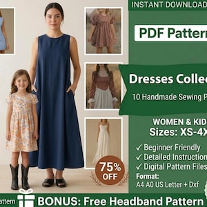 Paquete de 10 patrones de costura para vestidos / Patrones de vestidos para mujeres y niñas / Colección de patrones de costura en PDF / Vestidos de verano, largos y cortos