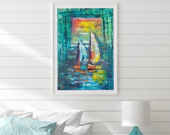 Sailboat Coastal Nautical Fine Art Print ~ Beach House Art Decor ~ Abstract Sailboat ~ Boathouse Prints ~ Giclée Sailboat Prints