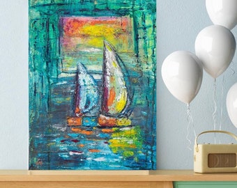 Sailboats Coastal Nautical Canvas Wall Art Print ~ Beach House Art Decor ~ Abstract Sailboat ~ Boathouse Prints ~ Giclée Sailboat Prints