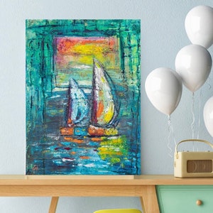 Sailboats Coastal Nautical Canvas Wall Art Print Beach House Art Decor Abstract Sailboat Boathouse Prints Giclée Sailboat Prints image 1