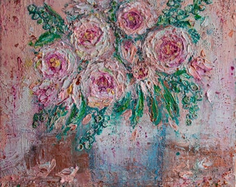 May include: Textured oil painting of a bouquet of pink and white roses in a blue vase. Green leaves and small white flowers accent the roses. The background is a blend of pink, brown, and blue hues, creating a soft, artistic feel.