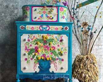 Butterfly Birds Floral Dresser ~ Folk Art Dresser ~ Bohemian ~ Chest of Drawers ~ Floral Dresser ~ Boho Dresser ~ Handmade Bedroom Furniture