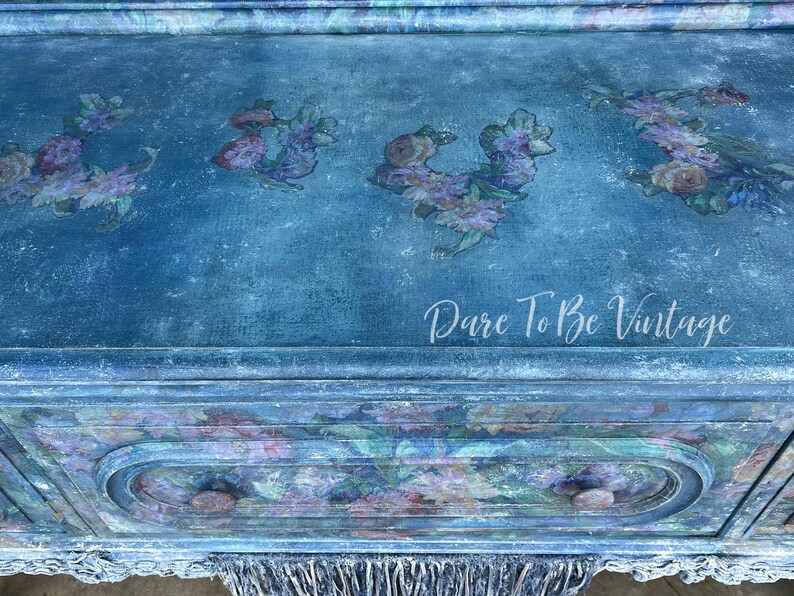 Demin Home Decor, Unique Floral Buffet, Denim With Fringe, Floral & Denim, Blue, Floral Sideboard, Boho Style, Upcycle Denim, Flowers image 4