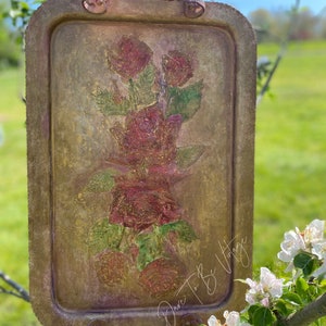 SOLD Vintage Hand Painted Rose Flower Tray One Of A Kind Upcycled Decorative Tray Vintage Hanging Wall Art Vanity Tray Rose Art image 1