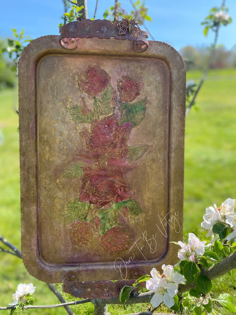 SOLD Vintage Hand Painted Rose Flower Tray One Of A Kind Upcycled Decorative Tray Vintage Hanging Wall Art Vanity Tray Rose Art image 1