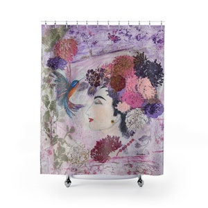 Flowers Hummingbirds Shower Curtain Floral Lady Shower Curtains Flowers Bath Curtain Floral Birds Art Print Bath Shower Curtain 71" × 74"