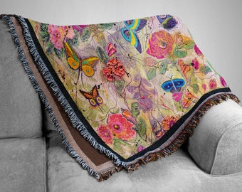 Butterflies Nature Floral Woven Blanket Tapestry ~ Floral Butterflies Throw Blanket Wall Tapestry ~ Butterflies Wall Art ~ Boho Chic Art
