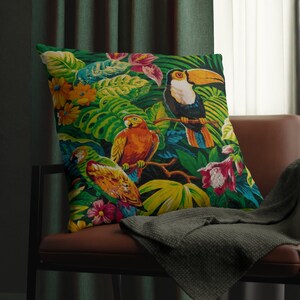 Waterproof Outdoor Pillows Tropical Birds Palm Trees Print Vintage Parrot Art Print Throw Pillows Outdoor Decor Tropical Vibes image 3