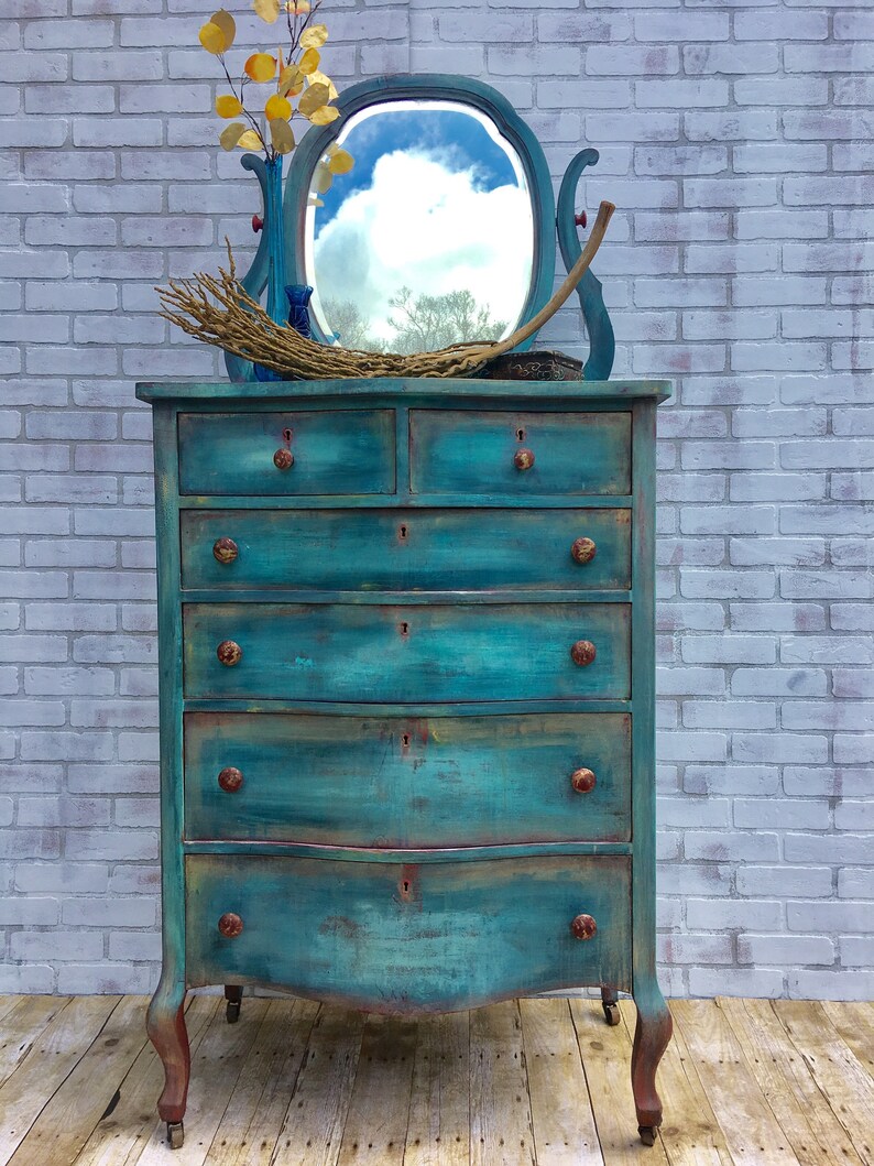 Bohemian Blue Dresser Rustic Farmhouse Dresser with Mirror Etsy