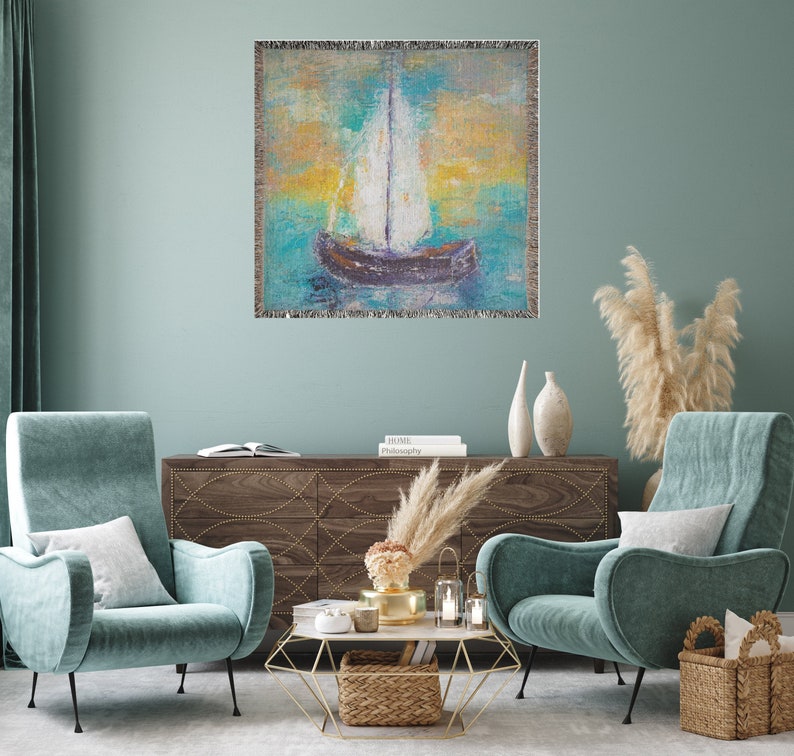 Sail Boat Nautical Woven Blanket Sail Boat Print Throw Blanket Sail Boat Wall Tapestry Sail Boat Wall Art Sail Boat Print Art image 2