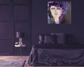 Flowers Women's Portrait Mix Media Canvas Art 24 x 24 ~ Bohemian Chic Painting ~ Portrait Acrylic Charcoal ~ Lady Portrait ~ Mix Media Art