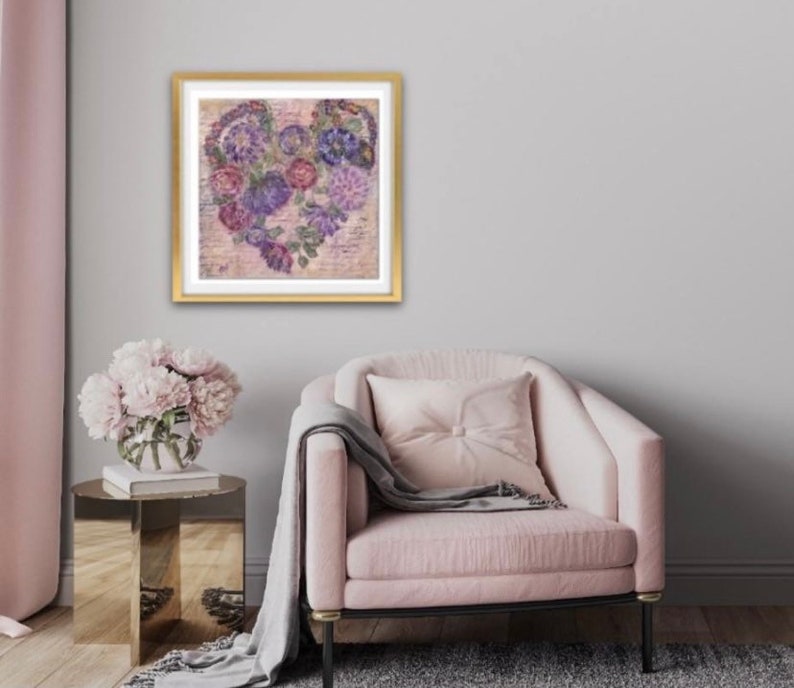 Hearts of Flowers Whimsical Art Prints Floral Hearts Floral Wall Art Abstract Floral Art Garden Flowers Mix Media Art image 1
