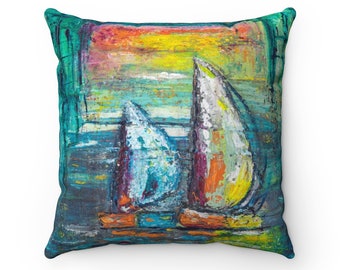 Abstract Sailboat Coastal Throw Decorative Pillow ~ Sailboat Original Art Pillows ~ Abstract Sailboat ~ Sailboat Artwork ~ Beach House Décor