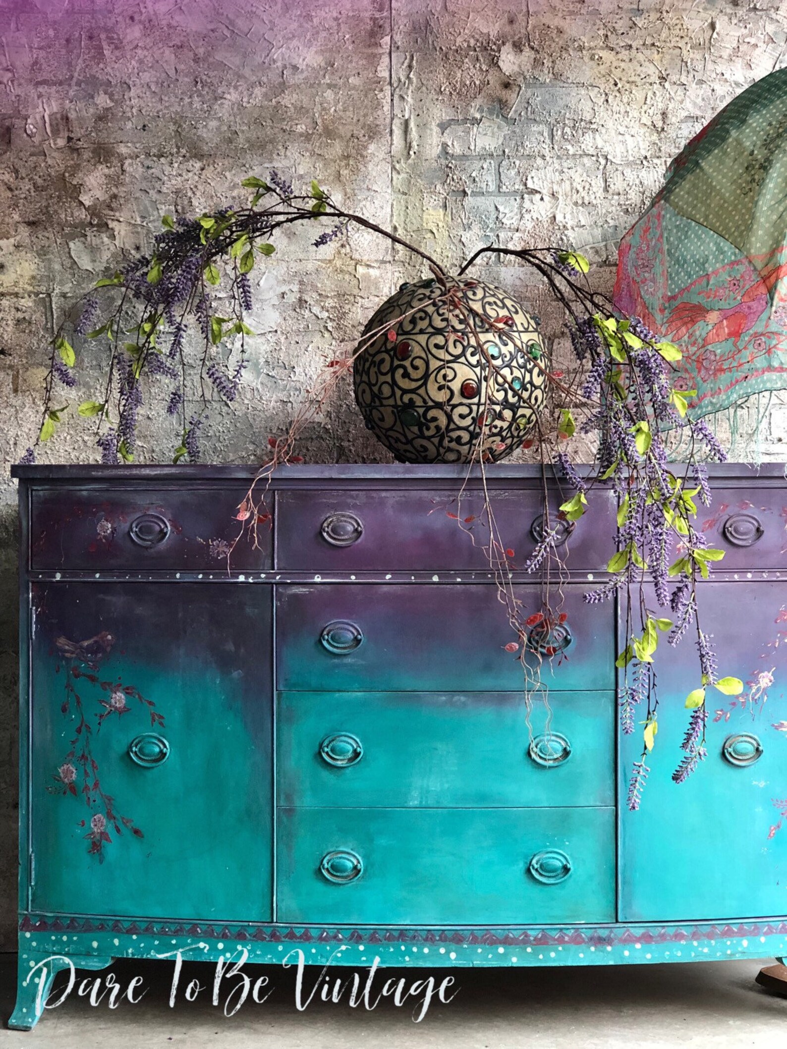 Hand Painted Buffet Sideboard Boho Style Flowers Purple Etsy