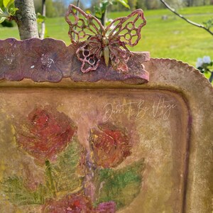 SOLD Vintage Hand Painted Rose Flower Tray One Of A Kind Upcycled Decorative Tray Vintage Hanging Wall Art Vanity Tray Rose Art image 2