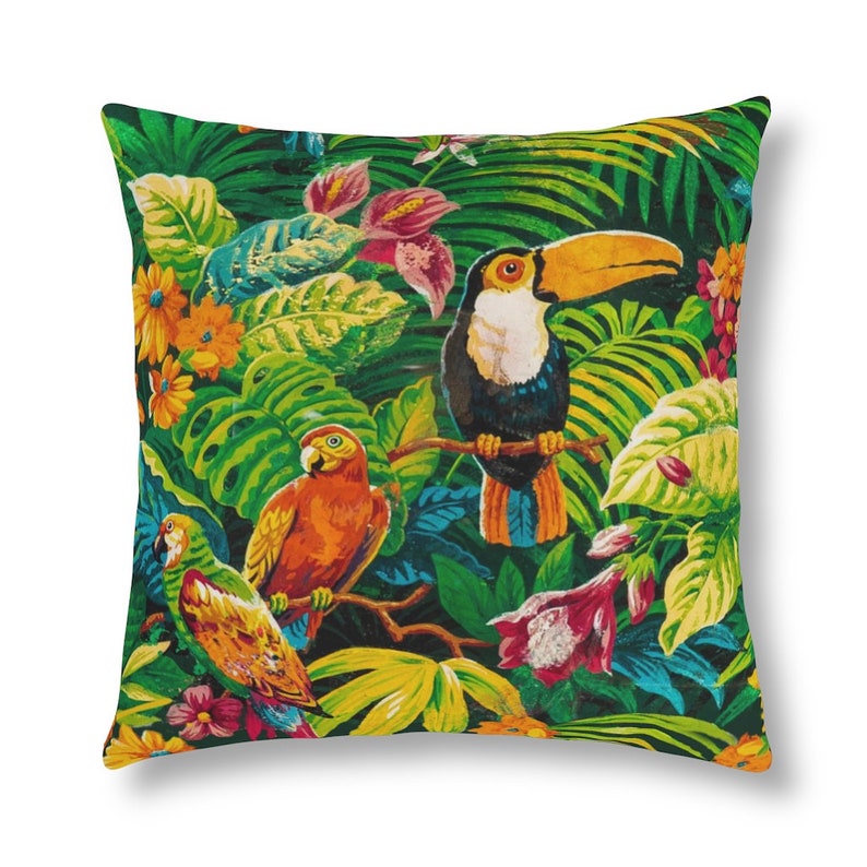 Waterproof Outdoor Pillows Tropical Birds Palm Trees Print Vintage Parrot Art Print Throw Pillows Outdoor Decor Tropical Vibes image 1