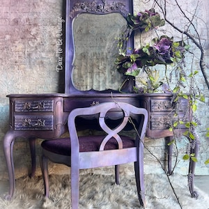 Romantic and Dreamy Vanity Makeup Desk, Purple, Fairytale, French Provincial, French Console, Writing Desk, Fairytale, Whimsy Goth Bedroom