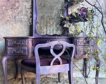 SOLD Vintage Purple Vanity Makeup Desk, French Provincial Console, Reupholstered Chair