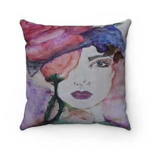 Floral Women Portrait Throw Pillow Original Floral Watercolor Throw Pillow Portrait Art Throw Pillow Decorative Floral Pillows image 1