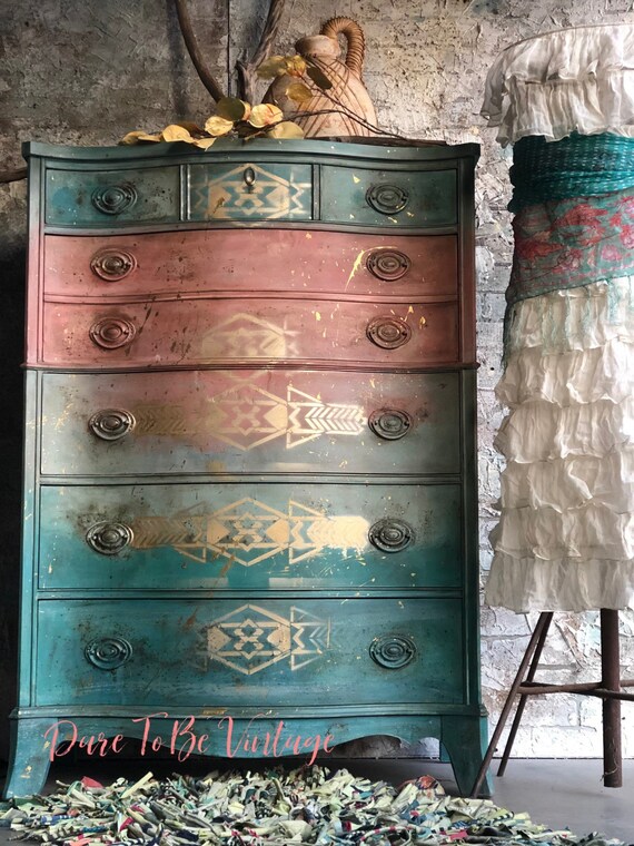 Sold Sold Bohemian Painted Dresser Vintage Dresser Etsy