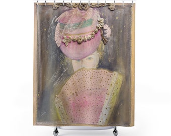 Marie Antionette  Shower Curtain ~ Women's Floral Portrait ~ French Country Chic ~ Pink Shower Curtain ~ Portrait Art ~ Bathroom Decor
