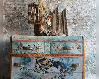 Painted Butterfly Art Deco Dresser, Whimsical Vintage Sideboard