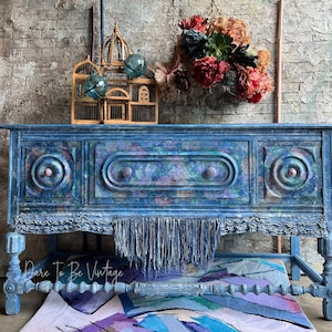 Demin Home Decor, Unique Floral Buffet, Denim With Fringe, Floral & Denim, Blue, Floral Sideboard, Boho Style, Upcycle Denim, Flowers image 1