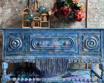 Demin Home Decor, Unique Floral Buffet, Denim With Fringe, Floral & Denim, Blue, Floral Sideboard, Boho Style, Upcycle Denim, Flowers